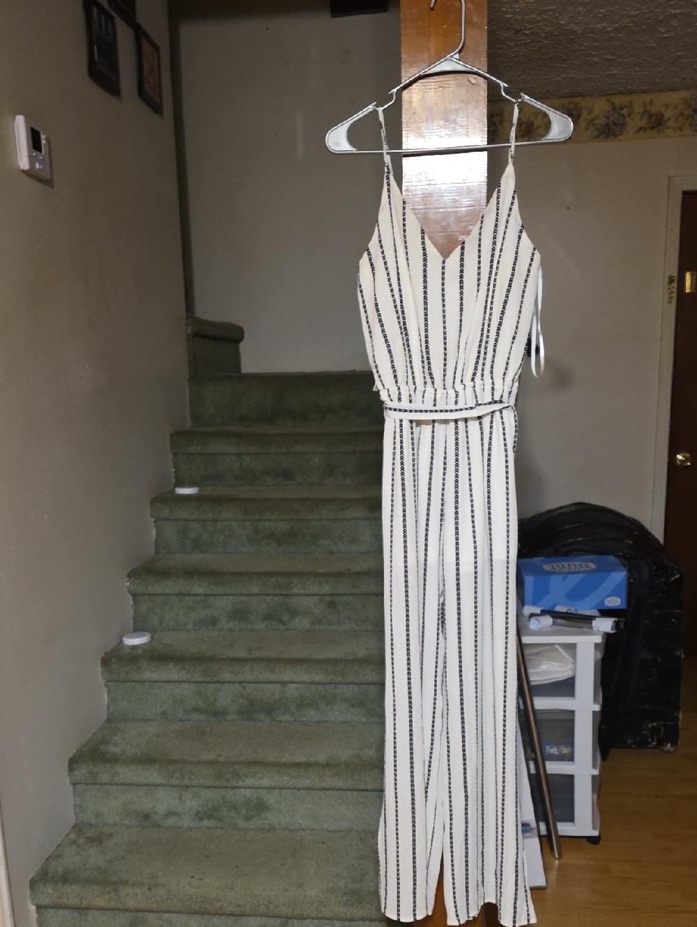 one clothing Cream and Black Striped Spaghetti-Strap Jumpsuit